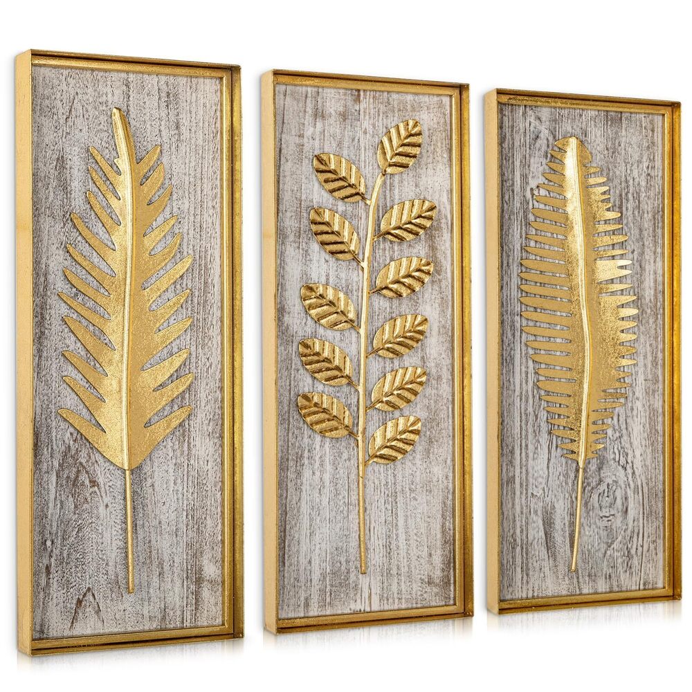 1244 Gold Metal Wall Art with Wooden Base Set of 3, 15.7"x6.3" Metal Frame